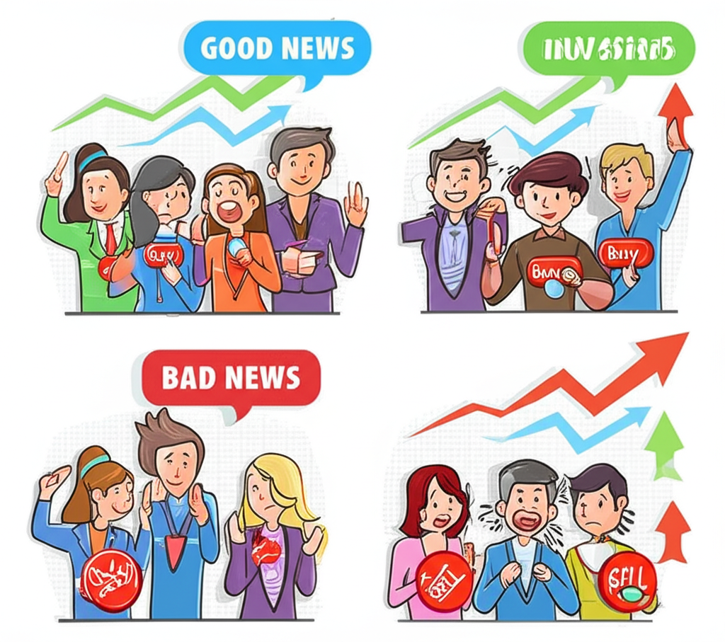 公司好消息投資人搶買股價上揚,對比壞消息引發恐慌拋售股價崩跌的情景