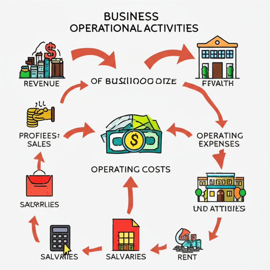 企業運營流程圖示,銷售收入流入後扣除營業成本與費用,顯露核心業務淨利