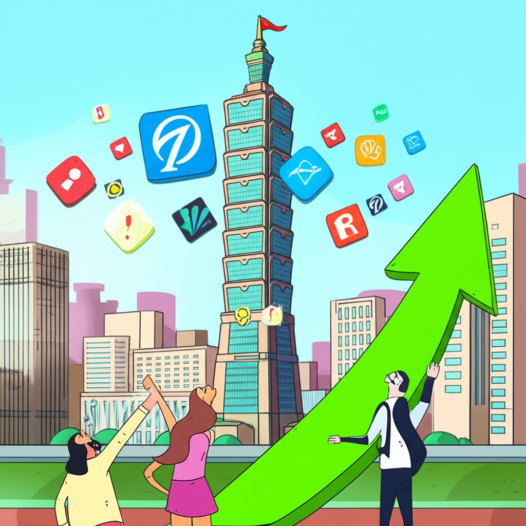 台灣證券交易所標誌性建築圖像,上空飄揚公司標誌,投資人觀察成長曲線圖,象徵上市企業與經濟活力的資金募集