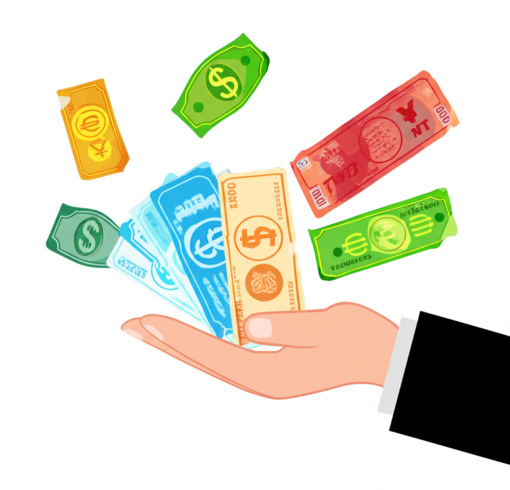 國際貨幣如美元、歐元、日圓流入手持台灣幣或港幣的手掌,象徵外幣結匯與財富管理的過程