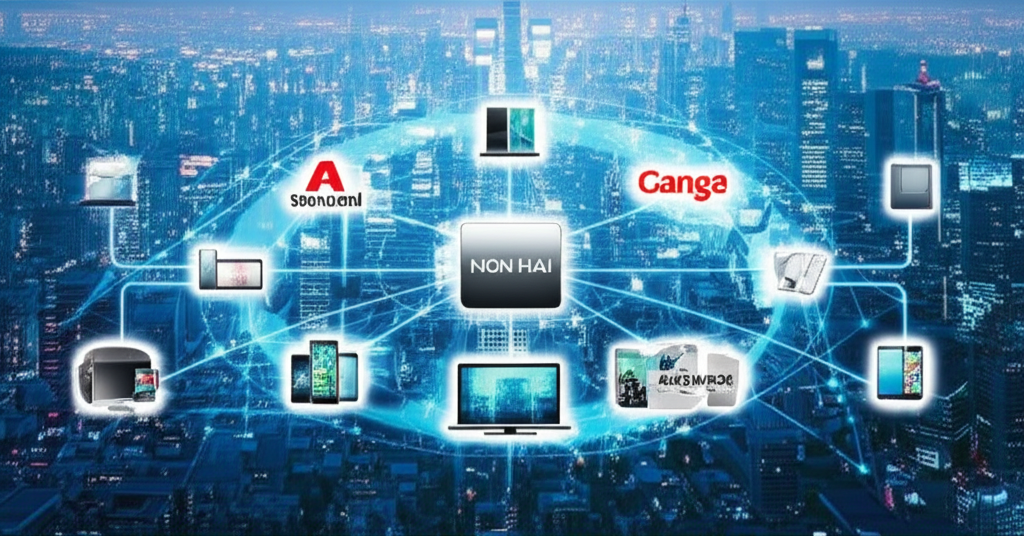 全球科技供應鏈圖示,鴻海精密工業作為核心樞紐連接電子產品與國際品牌
