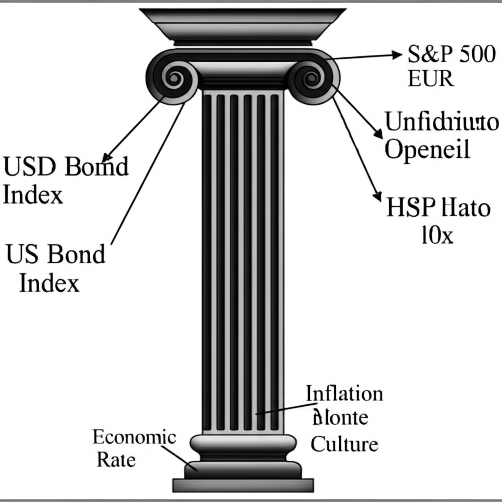 全球金融市場中美國債券指數作為基石,展示其對其他資產與經濟指標影響的圖示