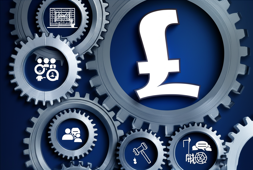 互聯齒輪象徵經濟數據、政治事件及社會因素影響英鎊符號的動態複雜系統插圖