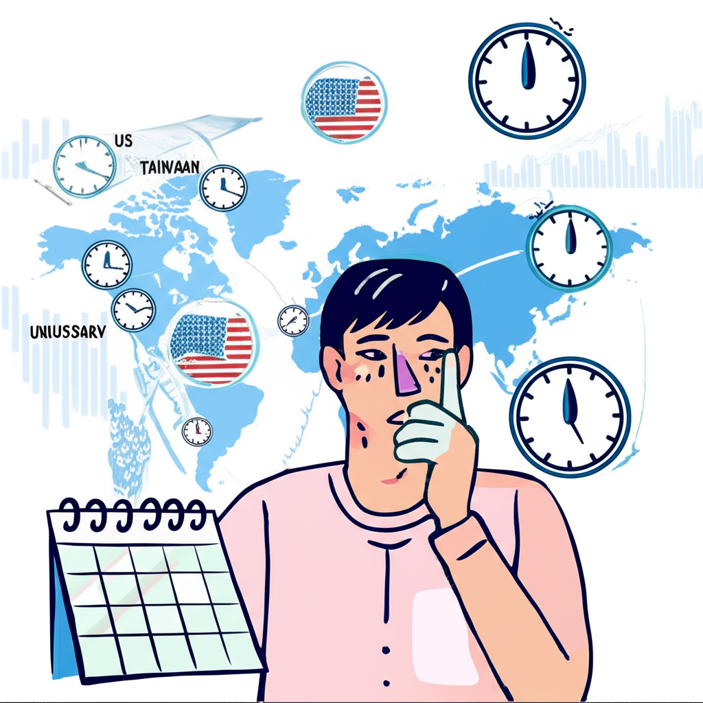美股交易時間時差示意圖,顯示美國、台灣與香港時區對照