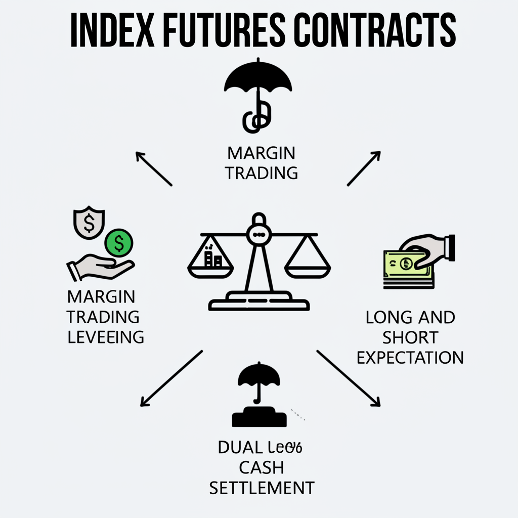 An illustration highlighting the key characteristics of index futures standardized contracts margin trading high leverage dual long and short trading and cash settlement as tools for hedging and speculation
