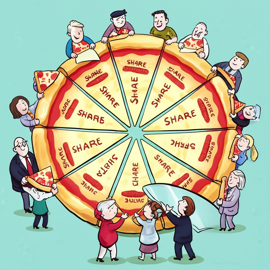 巨型披薩被切割成許多小片,每片標記為股份,象徵普通股在大型企業中的所有權,投資者微笑拿著自己的那份