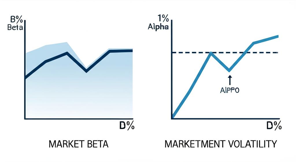 兩個金融圖表比較:一個顯示Beta市場波動,另一個突出正Alpha投資組合的活躍管理