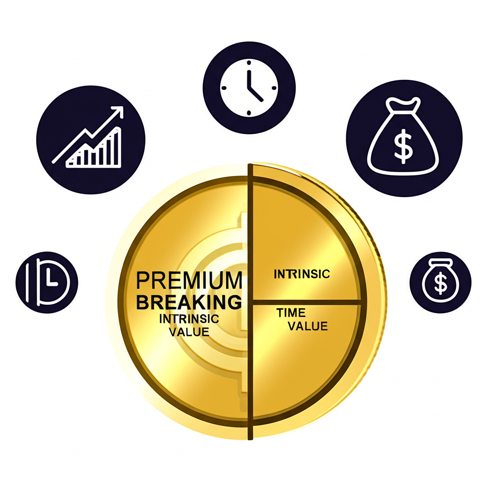 權利金硬幣拆分成內涵價值與時間價值,周圍浮動標的價格、到期時間、波動率、利率等圖示
