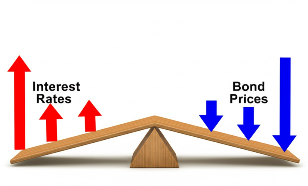 蹺蹺板圖示,一側利率上升,另一側債券價格下降,展現反向關係
