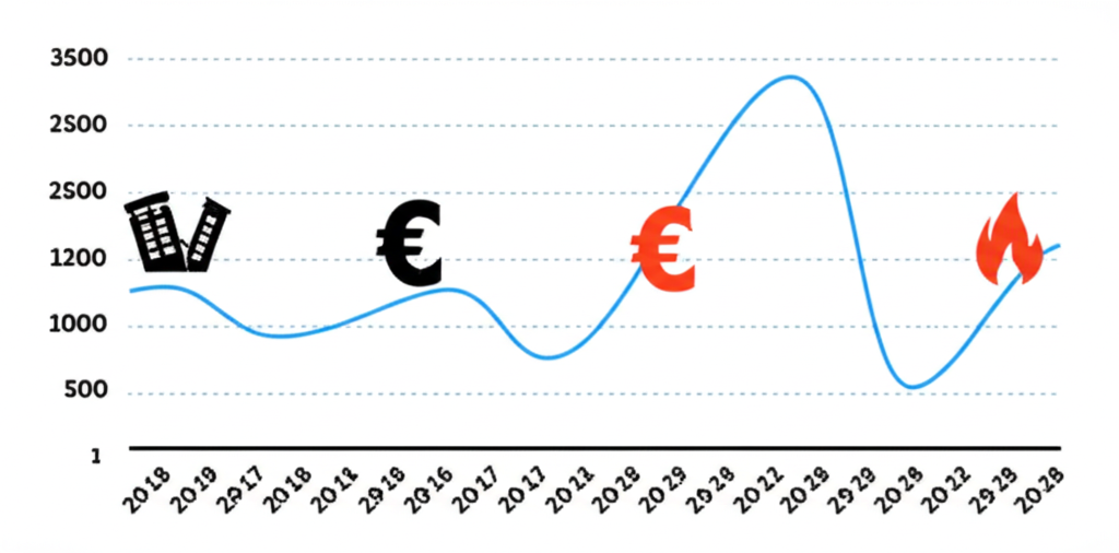 歐元兌新台幣匯率圖表蜿蜒兩十年，標記全球金融危機、歐債危機與能源危機的低點，經濟挑戰時間線