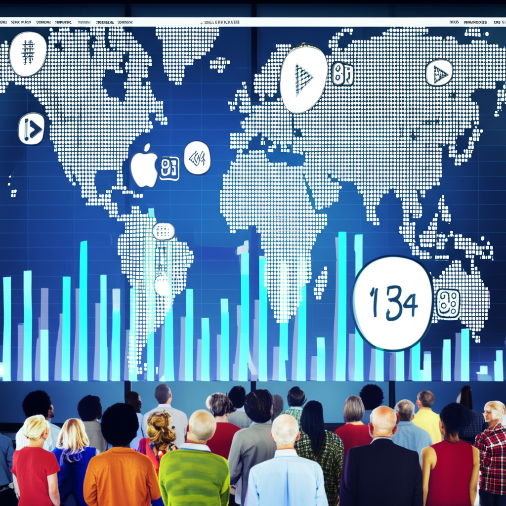 來自世界各地的多元投資者群眾熱切注視大型數位螢幕顯示美國股票市場圖表,包含蘋果和微軟等標誌性科技公司標誌,象徵全球領導與創新