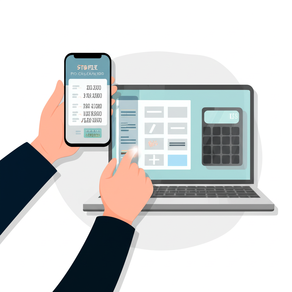 手機與電腦顯示股票手續費計算機介面,使用者操作簡單