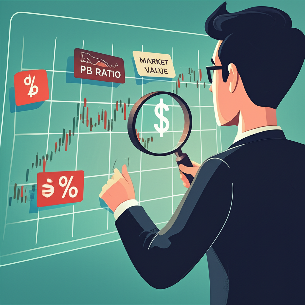 投資人使用放大鏡檢視股票圖表,周圍浮現市淨率與市值等財務指標的插圖