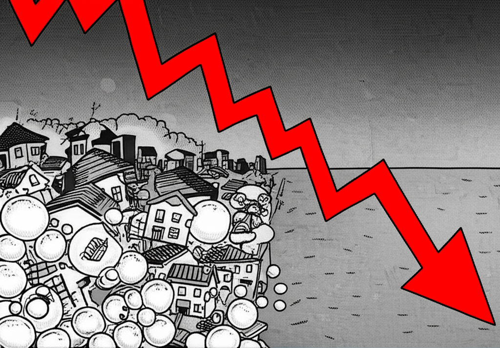 日經指數1989年高峰圖表插圖,周圍環繞膨脹的房地產與股市泡沫,隨後急轉直下象徵泡沫爆破與失落年代的開始