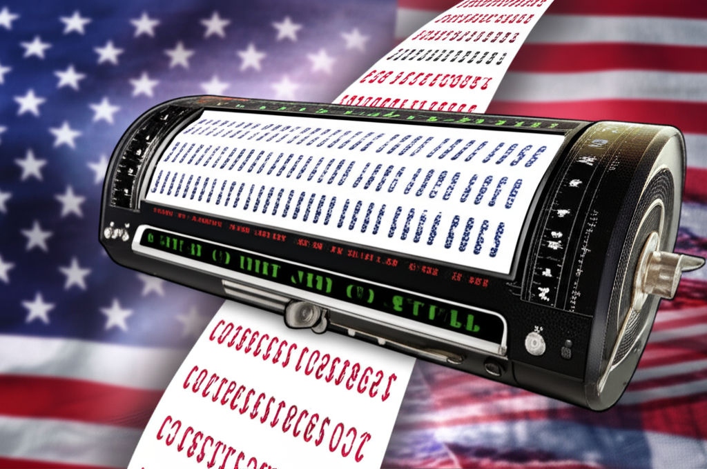 歷史風格的股票報價機帶有美元符號和美國國旗背景,象徵美國存託憑證在美國市場的起源與交易