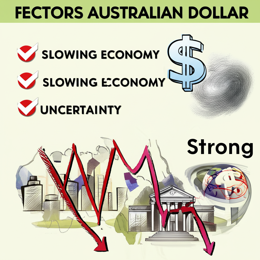 顯示澳幣下跌的四個因素插圖,包括央行建築、經濟放緩、地圖上的全球不確定性和強勢美元符號