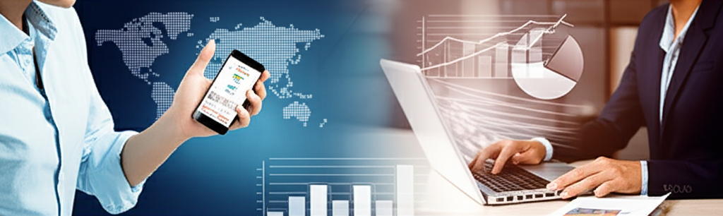 一位人士用手機查看貨幣匯率,旁邊是商務人士在筆電上處理國際貿易文件,背景有圖表與曲線