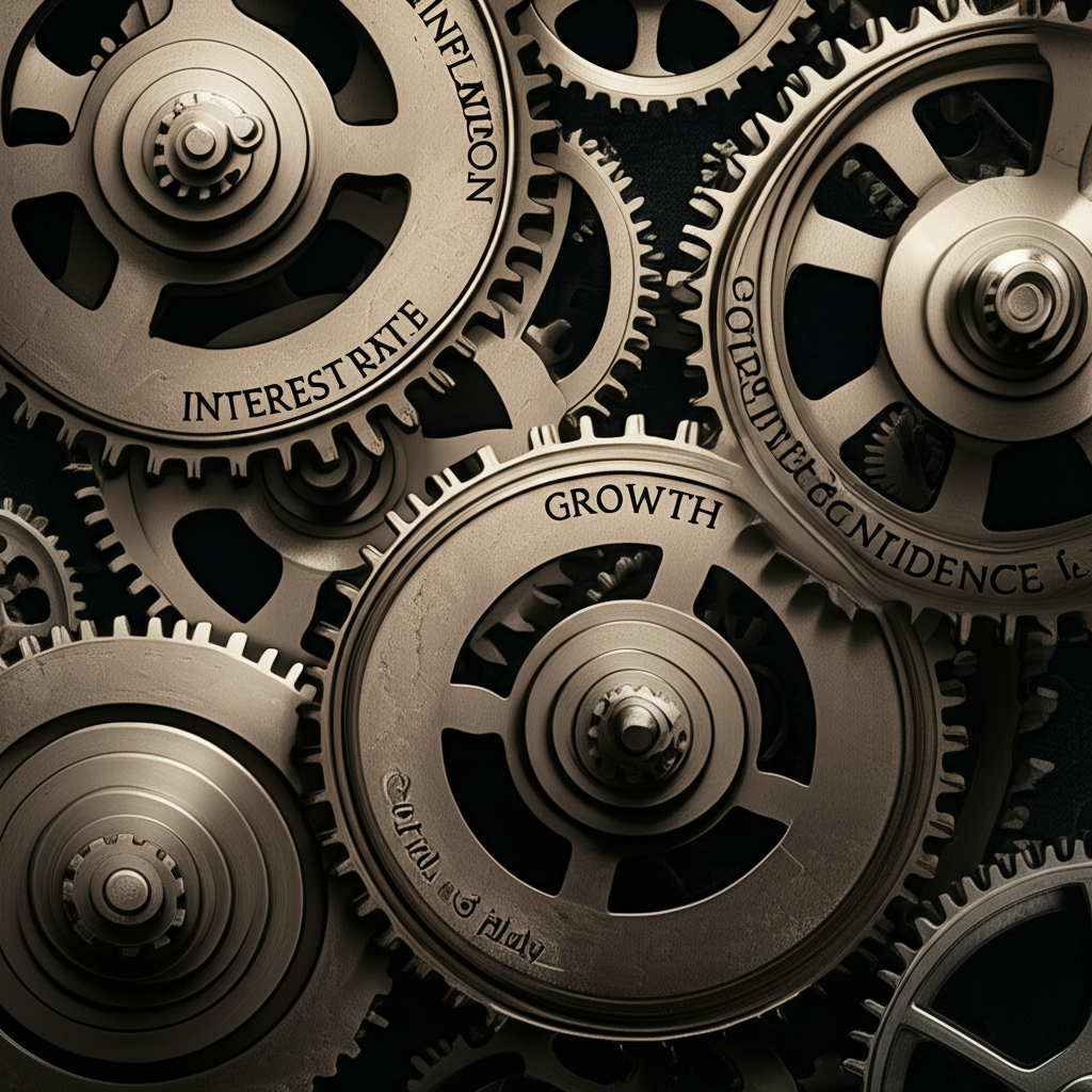 多個宏觀經濟因素如齒輪般交錯運轉，導致股市修正，展現複雜力量的互動