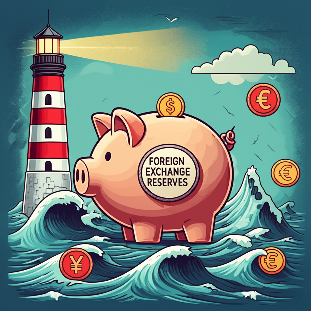 國家經濟強大象徵:巨型儲蓄罐標記外匯儲備,在全球經濟風暴中充當穩定錨點,引導貿易與金融如燈塔般前行