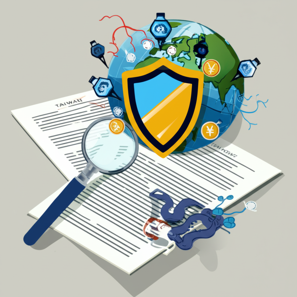 放大鏡檢視台灣香港法規文件與防詐盾牌，象徵公司治理中的監管保護