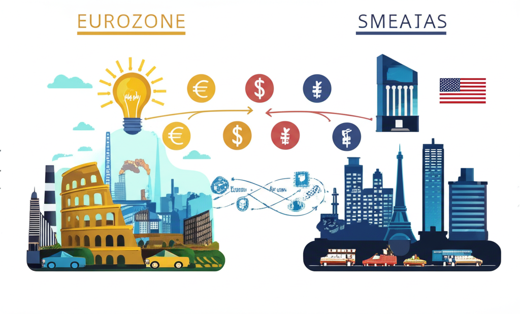 歐元區多樣產業與美國創新金融景觀連結貿易與資本流動的圖示