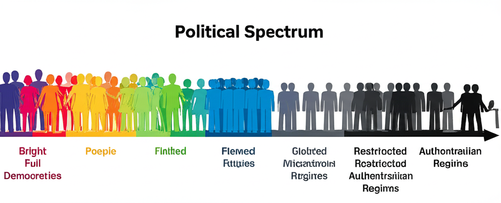 從充滿活力的完全民主到陰暗受限的威權政體光譜,展示多樣人群到統一身影的過渡,包含缺陷與混合狀態