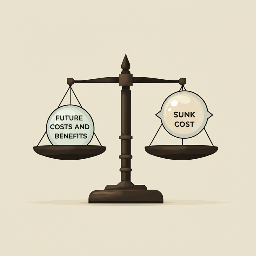 沉沒成本不影響理性決策的秤盤插圖,強調未來成本與收益的平衡