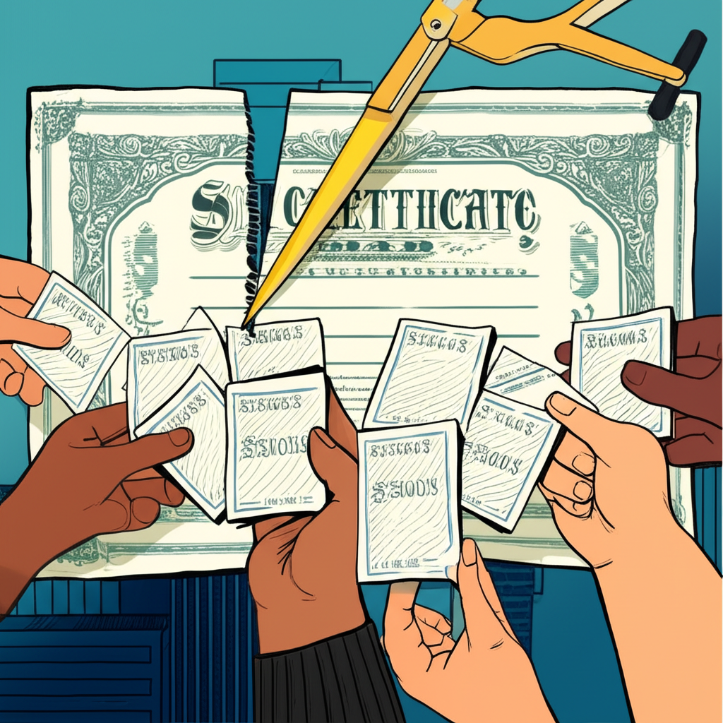 一張大型股票證書被精準切割成小塊零碎股,各種投資者手持這些小片,象徵投資機會的民主化