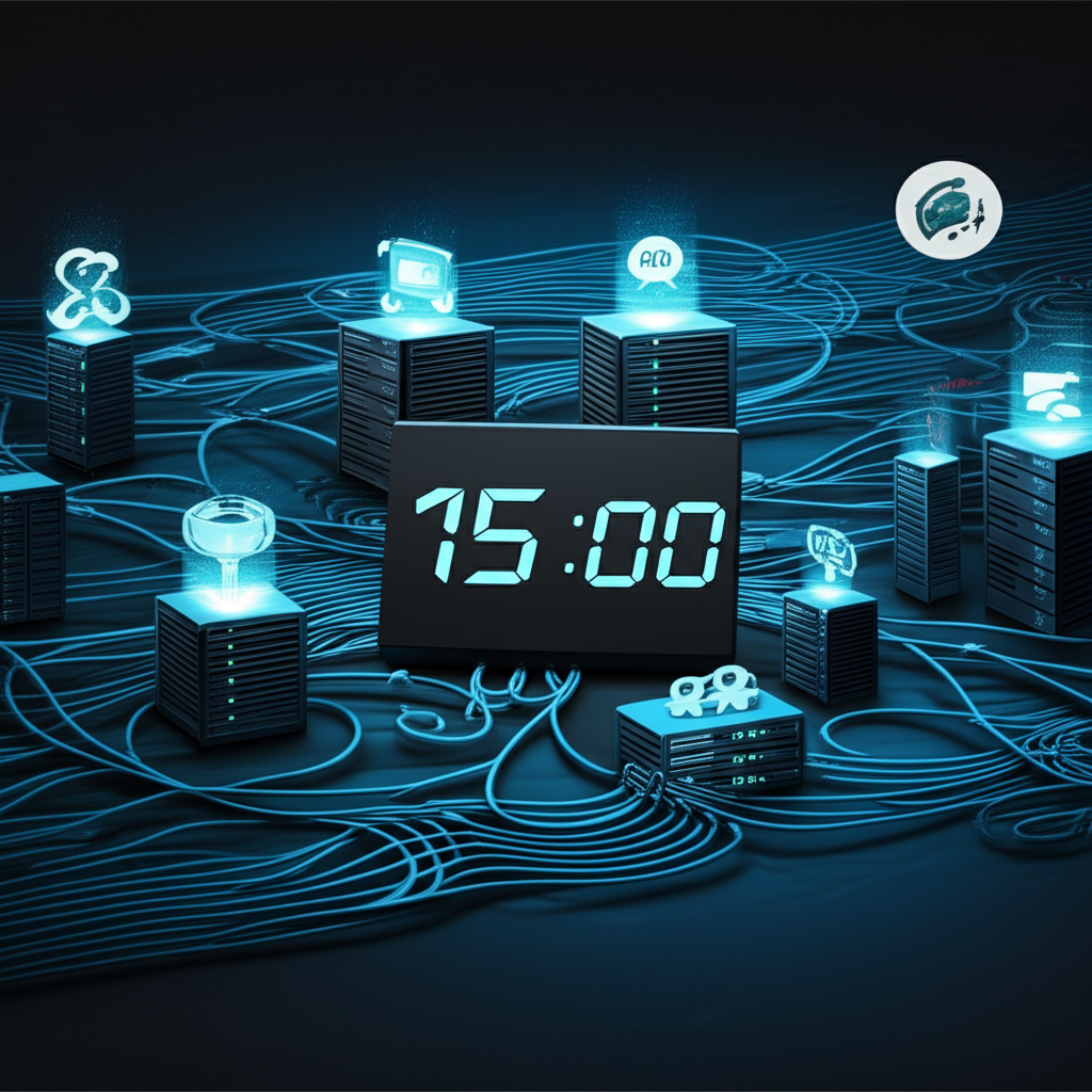 數據纜線與伺服器網絡連接交易所和數據供應商的複雜插圖,計時顯示15分鐘延遲代表授權與費用機制