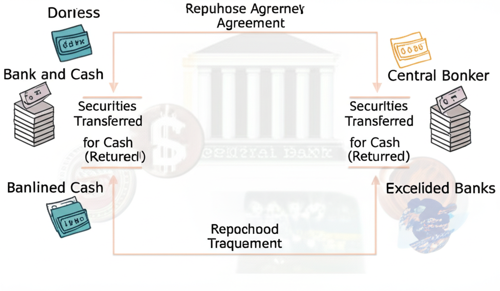 附買回協議交易流程圖,顯示參與方協議、轉讓與返還過程