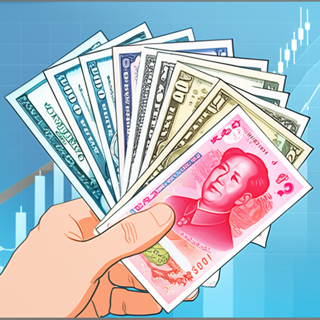 手持美元日圓歐元人民幣等外幣鈔票堆疊，背景匯率圖表波動的插圖