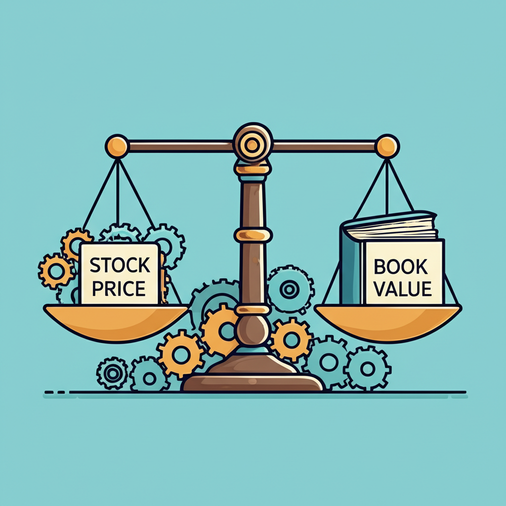 天平一邊是股價,另一邊是帳面價值,周圍有齒輪象徵資產密集型企業的插圖