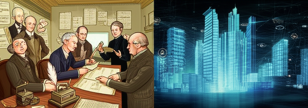 歷史人物在銀行辦公室交易股票與債券，演變成現代互聯金融機構網絡，突顯場外市場的分散與直接本質