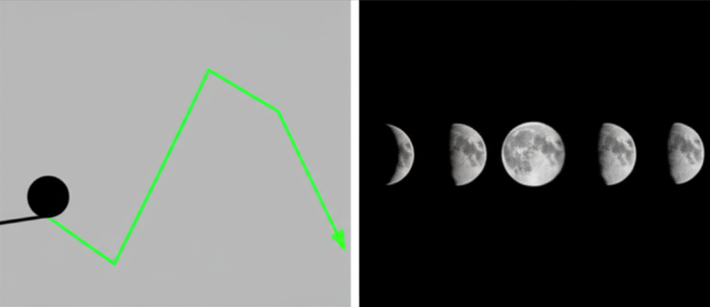 盈虧場景並列,一側財務圖表向上趨勢代表盈利向下代表虧損,另一側月亮從新月到滿月的循環變化