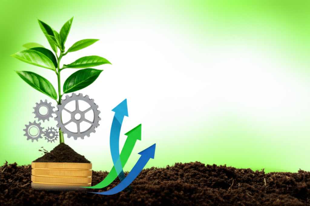 一枚硬幣上生長出的繁茂植物,伴隨齒輪與箭頭,象徵資源優化、策略成長與永續商業發展