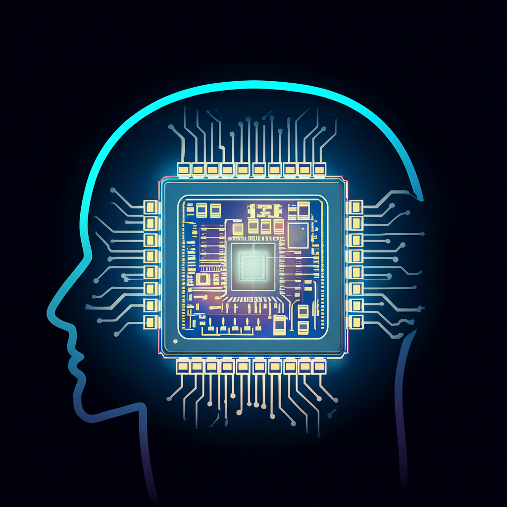 顯微鏡下積體電路晶片,內含微小電晶體、電阻與電容,宛如電子裝置內複雜的大腦或心臟般發光