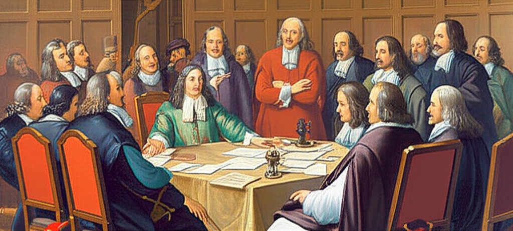 17th century London scene with merchants and government officials discussing the founding of a bank to fund war efforts against France illustration