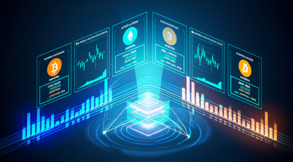 未來感數位資產交易所圖示,展示混合訂單簿架構連結傳統金融與加密世界