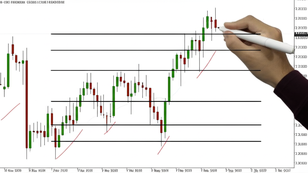 K線圖顯示價格多次觸及支撐壓力線,手繪交易箱型箱型理論概念