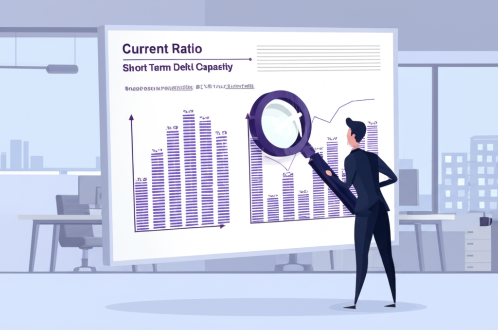 商業人士使用放大鏡分析財務圖表,聚焦流動比率顯示短期償債能力和財務健康