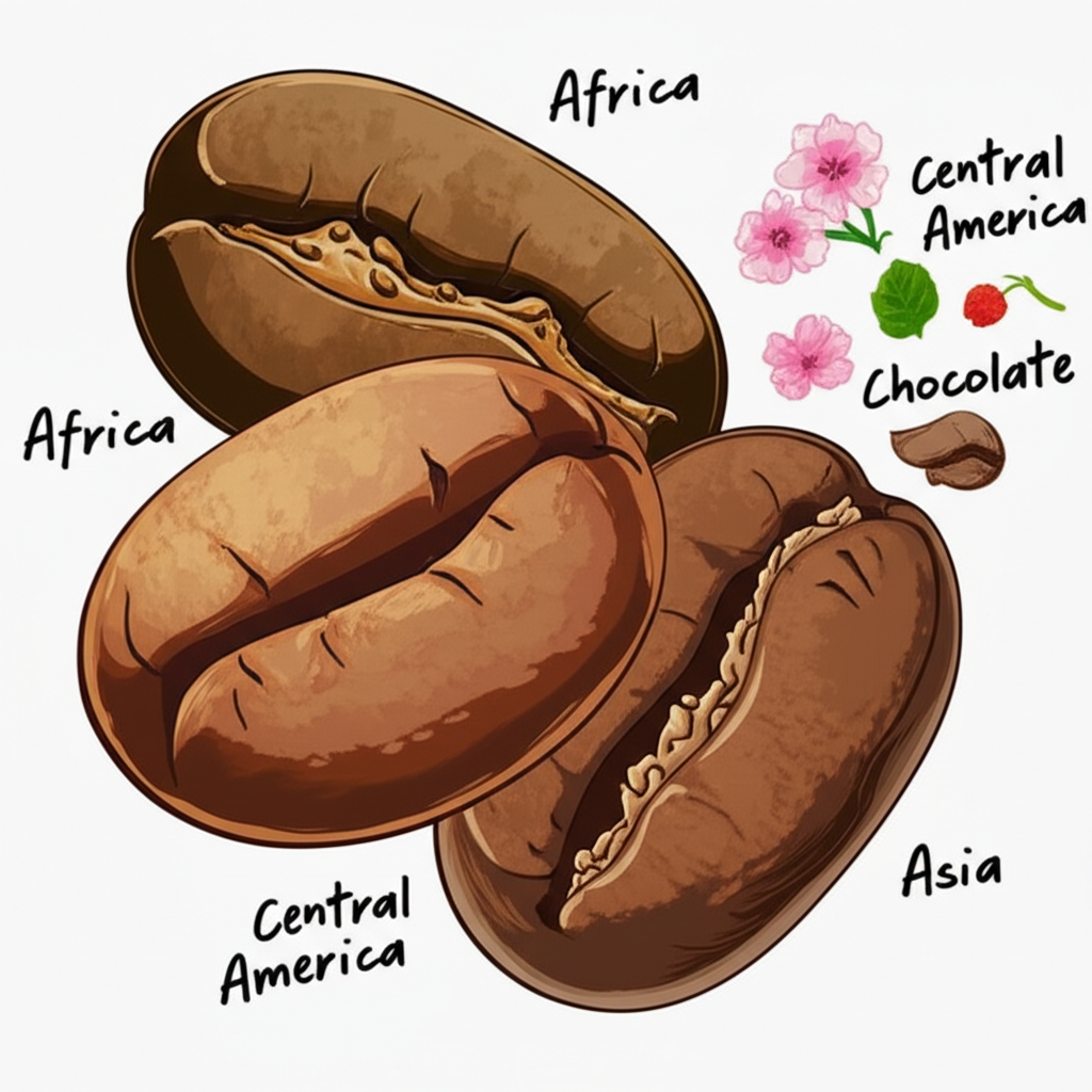 代表非洲、中南美洲和亞洲的三種咖啡豆,各環繞其特色風味如花香、水果、堅果、巧克力和泥土調的插圖
