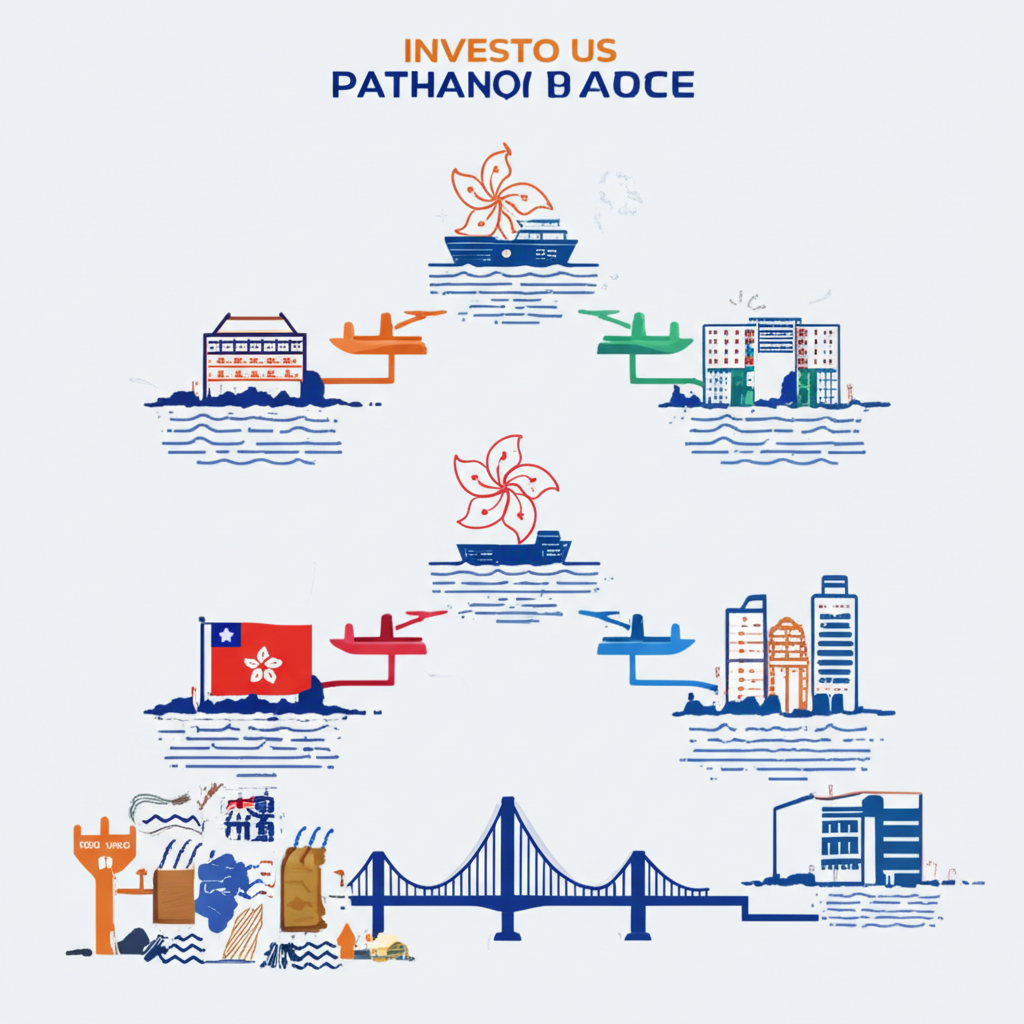 台灣與香港投資者購買美國基金的三種管道示意圖,每條路徑以獨特圖標或橋樑代表