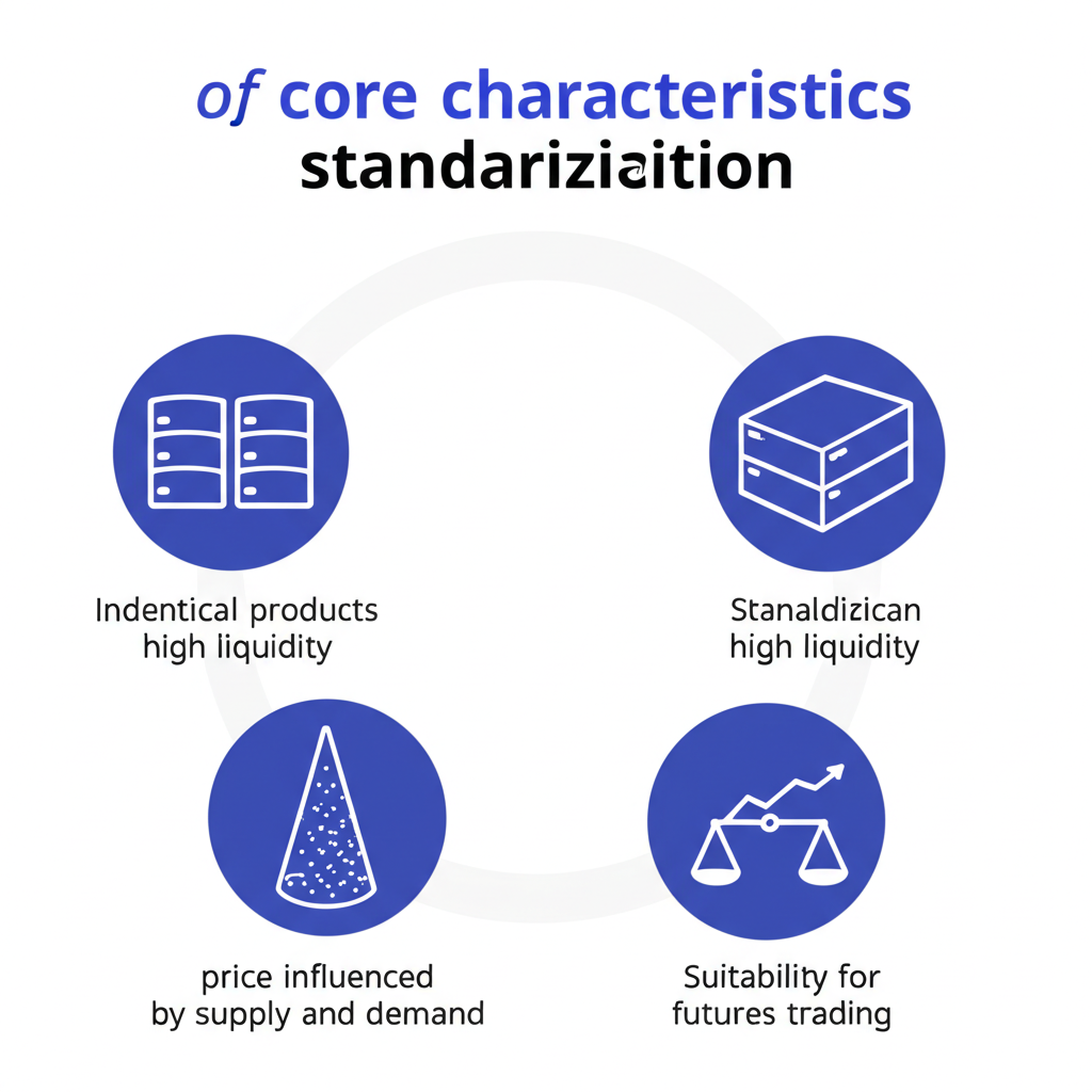 大宗商品核心特性插圖,強調標準化、高流動性、供需影響價格以及期貨交易適用性