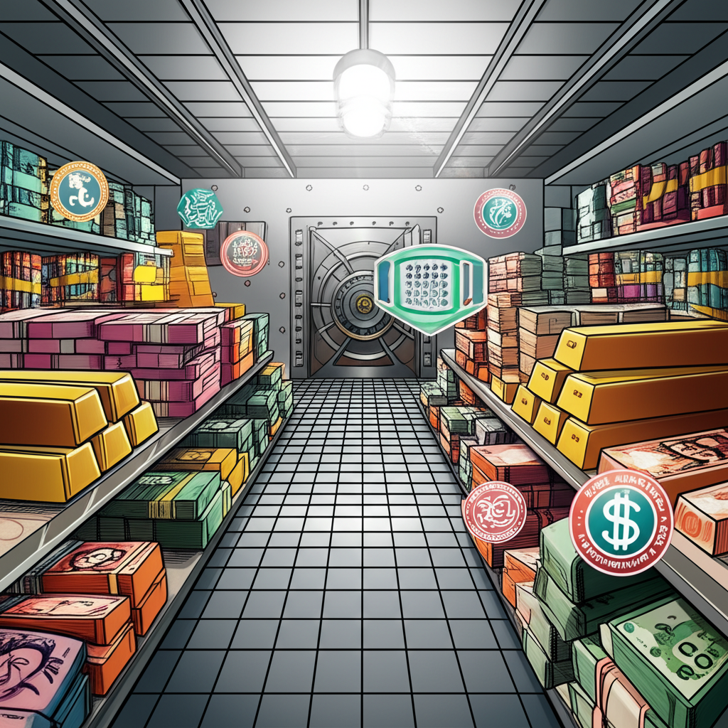 中央銀行金庫內充滿多元國際資產:疊放各國貨幣、黃金條塊,以及特別提款權和IMF儲備的數位圖像,象徵國家全球購買力