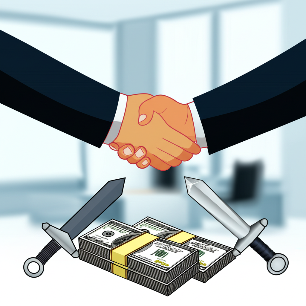 公司與投資人私下握手協議私募資金，旁邊一柄雙面劍象徵機會與風險
