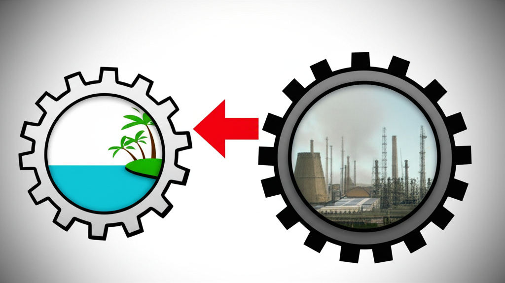 離岸稅務天堂與中國工廠的齒輪連接插圖,描繪紅籌公司結構