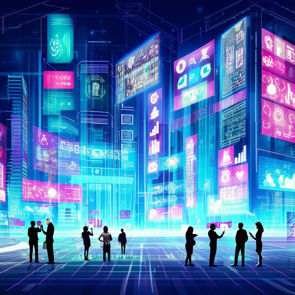 未來城市中數據流動與人們透過數位介面互動的插圖,象徵數位行銷景觀的演進