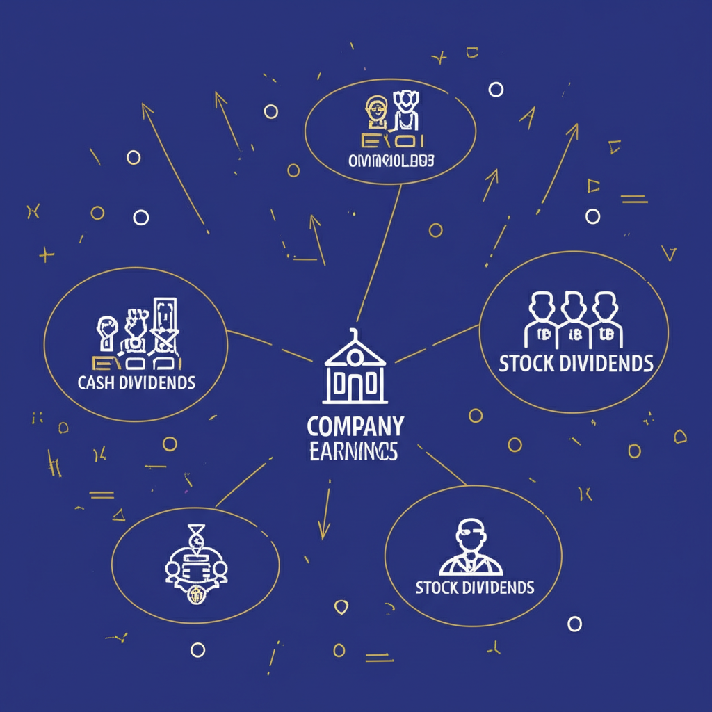 An illustration of a hand receiving cash from a company logo into a bank account with a stock chart in the background showing a downward adjustment representing cash dividends and the direct increase in shareholder assets