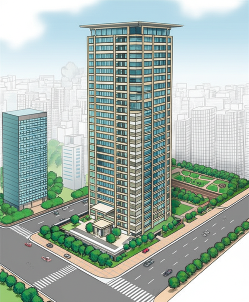 牛津CEO社區現代高層建築外觀,位於板橋區都市環境中,周邊綠地環繞