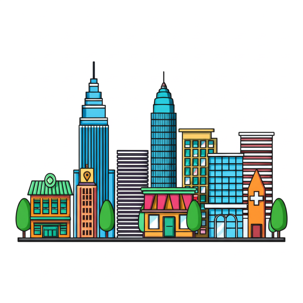 城市景觀插圖,代表金融、健康醫療、零售與科技等產業的多樣美國經濟